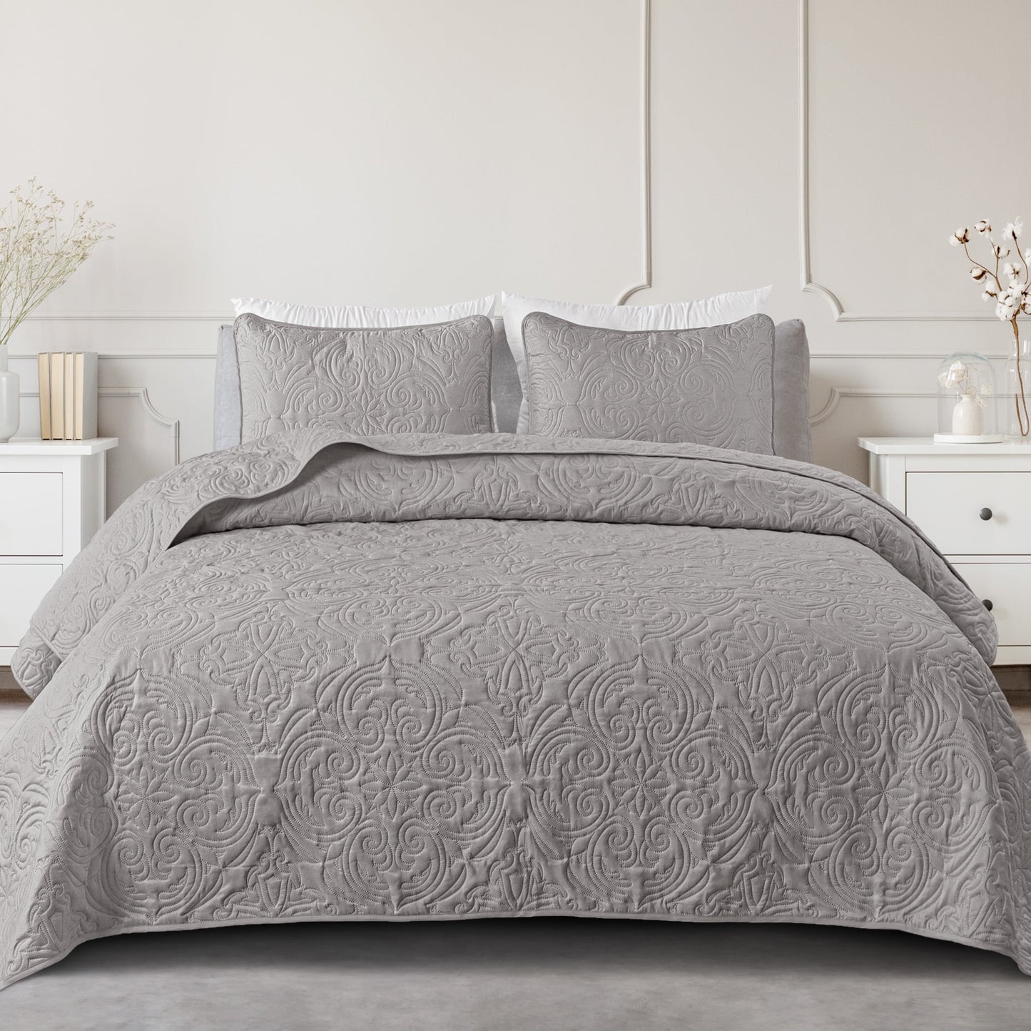 Exclusivo Mezcla Queen Quilt Bedding Set, Lightweight Vintage Queen Size Quilts with Pillow Shams, Soft Bedspreads Coverlets for All Seasons (96"x90", Light Grey)