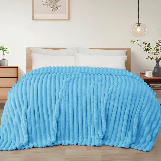 Exclusivo Mezcla Queen Size Flannel Fleece Blanket, Super Soft 3D Striped Jacquard Blanket for Bed, Lightweight Fuzzy Cozy Blankets, Blue, 90"x90"
