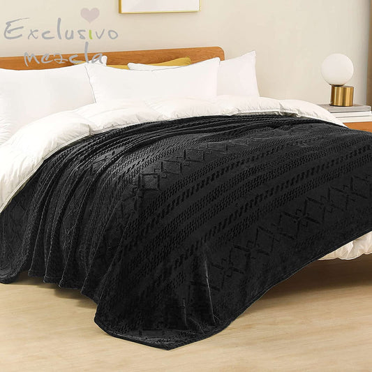 Exclusivo Mezcla Queen Size Soft Bed Blanket, Warm Fuzzy Luxury Bed Blankets, Decorative Geometry Pattern Plush Throw Blanket for Bed, 90"x90", Black