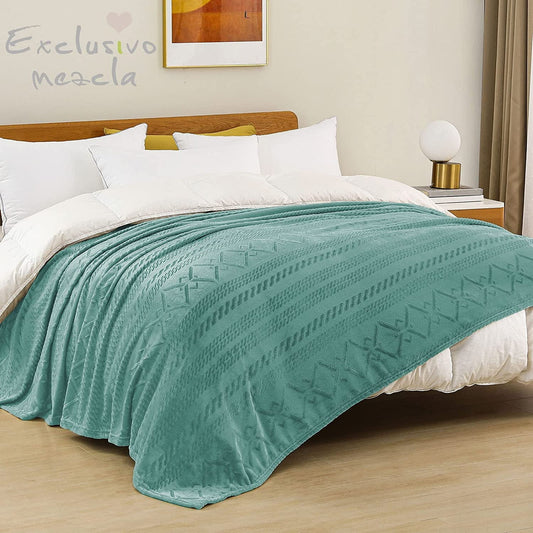 Exclusivo Mezcla Queen Size Soft Bed Blanket, Warm Fuzzy Luxury Bed Blankets, Decorative Geometry Pattern Plush Throw Blanket for Bed, 90x90 Inches, Celadon