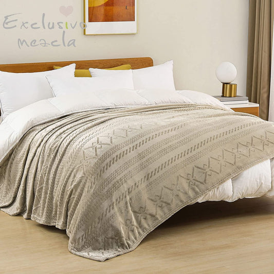 Exclusivo Mezcla Queen Size Soft Bed Blanket, Warm Fuzzy Luxury Bed Blankets, Decorative Geometry Pattern Plush Throw Blanket for Bed, 90x90 Inches, Champagne