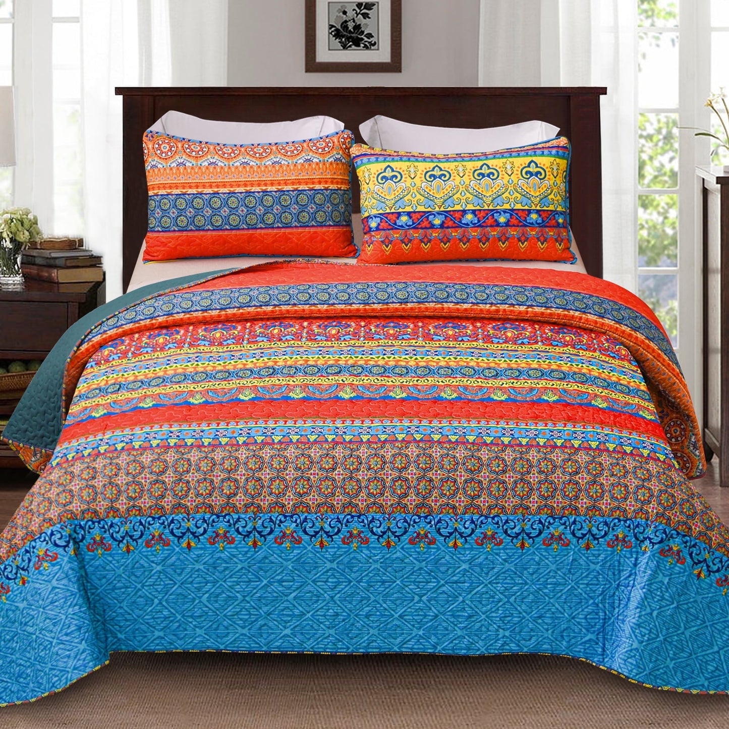 Exclusivo Mezcla Reversible Boho Quilt Set King Size, 3 Pieces Bohemian Blue All Season Bedspreads, Ultra Soft Floral Coverlet Bedding Set with Printed Pattern (1 Quilt, 2 Pillow Shams)
