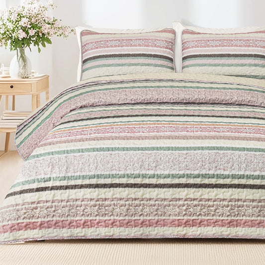Exclusivo Mezcla Reversible Boho Quilt Set King Size, 3 Pieces Bohemian Striped Pink All Season Bedspreads, Ultra Soft Floral Coverlet Bedding Set with Printed Pattern (1 Quilt, 2 Pillow Shams)