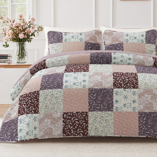 Exclusivo Mezcla Reversible Boho Quilt Set King Size, 3 Pieces Patchwork Brown All Season Bedspreads, Ultra Soft Floral Coverlet Bedding Set with Printed Pattern (1 Quilt, 2 Pillow Shams)