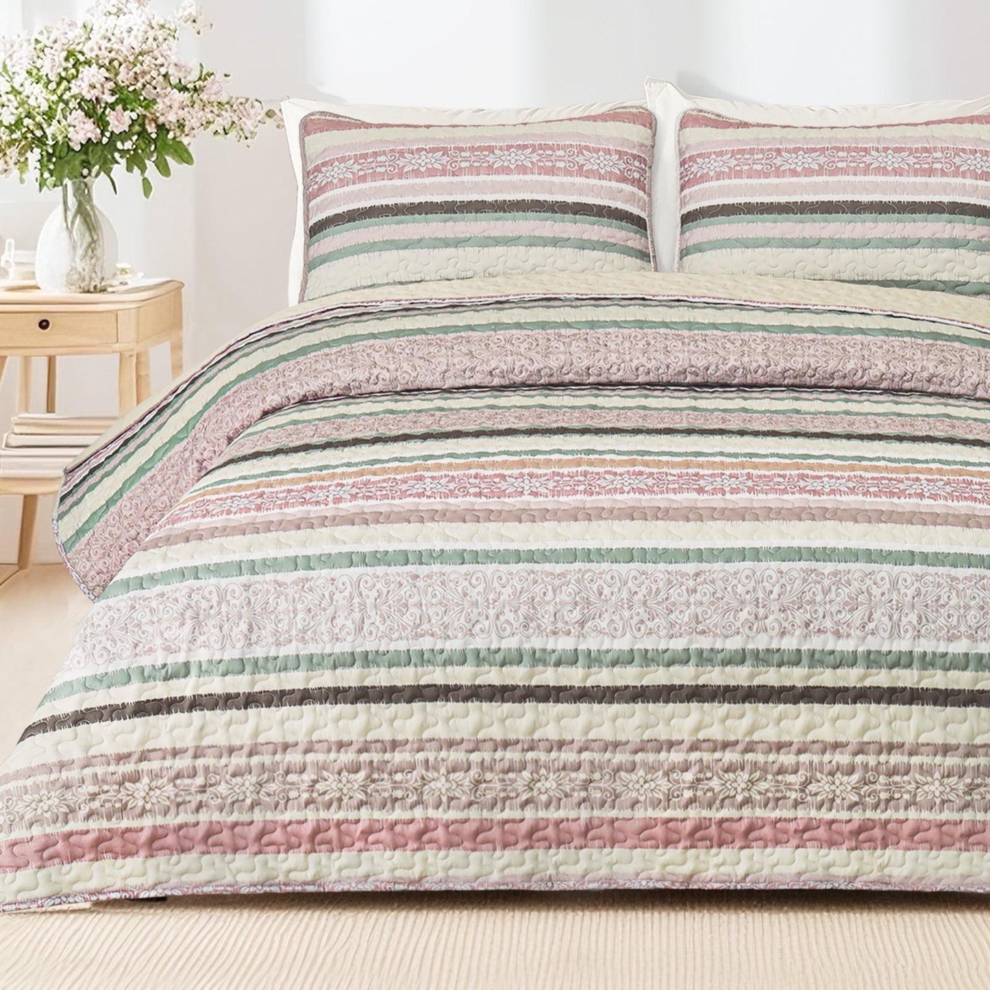 Exclusivo Mezcla Reversible Boho Quilt Set Queen Size, 3 Pieces Bohemian Striped Pink All Season Bedspreads, Ultra Soft Floral Coverlet Bedding Set with Printed Pattern (1 Quilt, 2 Pillow Shams)
