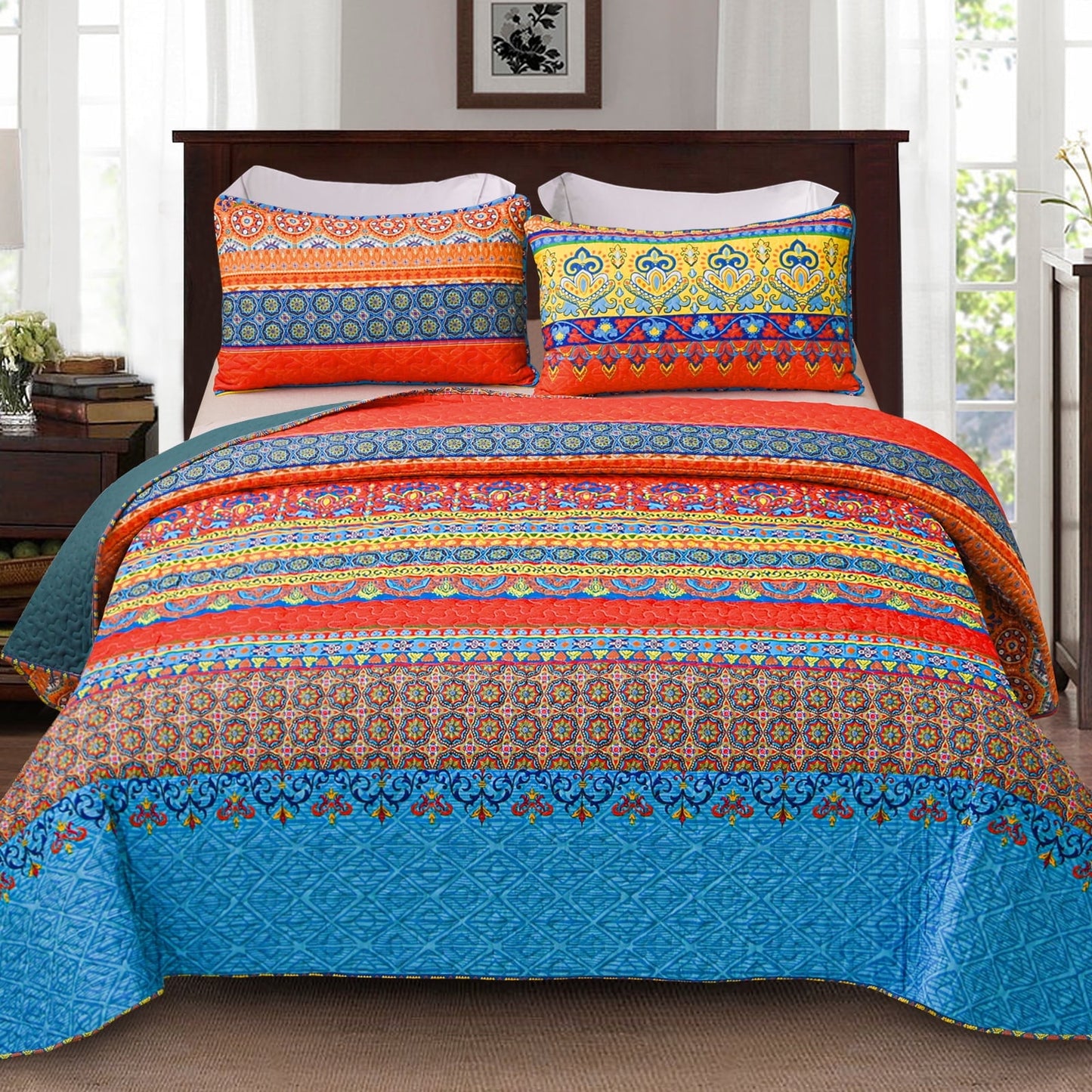 Exclusivo Mezcla Reversible Boho Quilt Set Twin Size, 2 Pieces Bohemian Blue All Season Bedspreads, Ultra Soft Floral Coverlet Bedding Set with Printed Pattern (1 Quilt, 1 Pillow Sham)