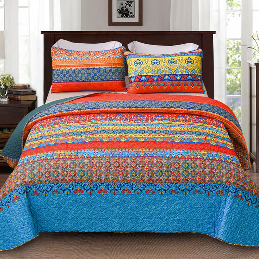 Exclusivo Mezcla Reversible Boho Quilt Set Twin Size, 2 Pieces Bohemian Blue All Season Bedspreads, Ultra Soft Floral Coverlet Bedding Set with Printed Pattern (1 Quilt, 1 Pillow Sham)