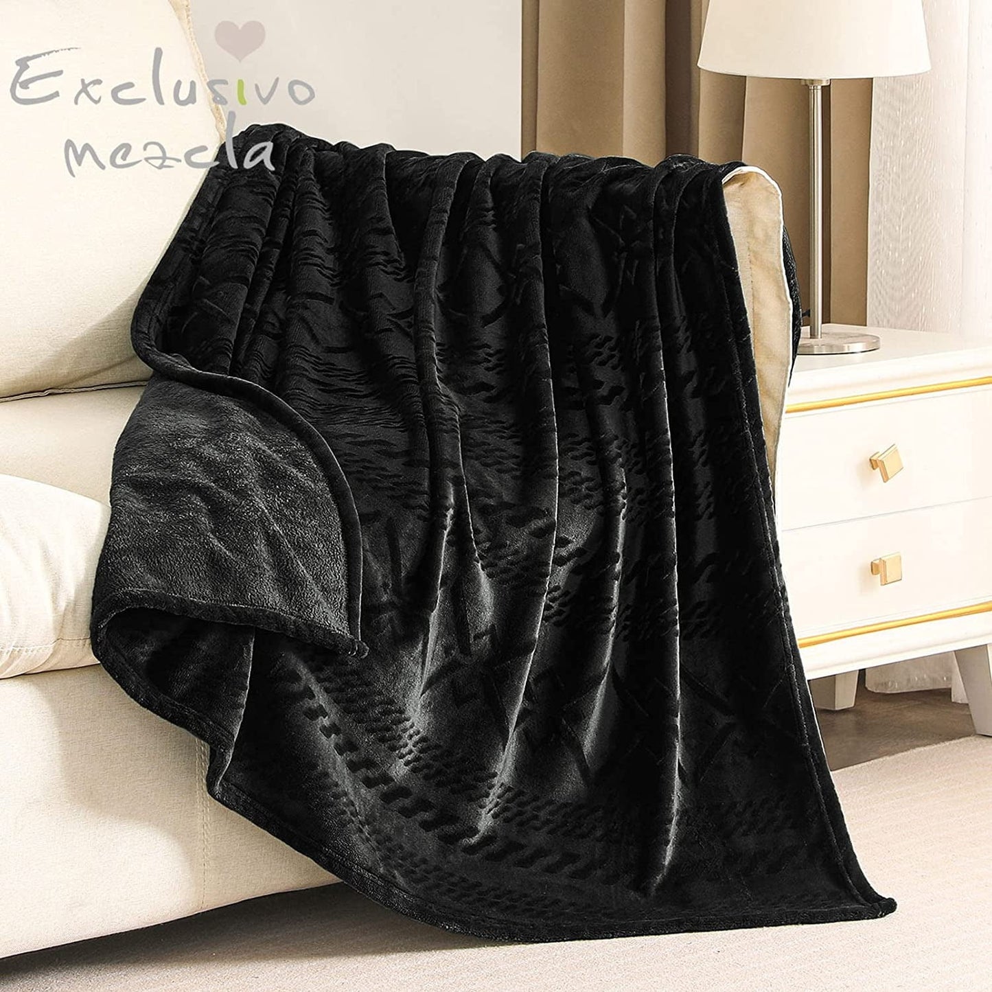 Exclusivo Mezcla Soft Throw Blanket, Large Fuzzy Fleece Blanket, Decorative Geometry Pattern Plush Throw Blanket for Couch/Sofa/Bed, 50x60 Inches, Black