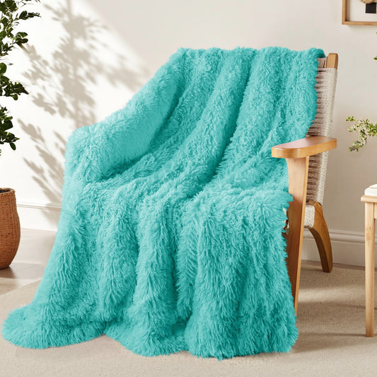 Exclusivo Mezcla Fuzzy Faux Fur Throw Blanket, Reversible Shaggy Sherpa Fleece Blankets,Fluffy Plush Warm Throws for Couch, Bed, 50x60 Inches, Teal