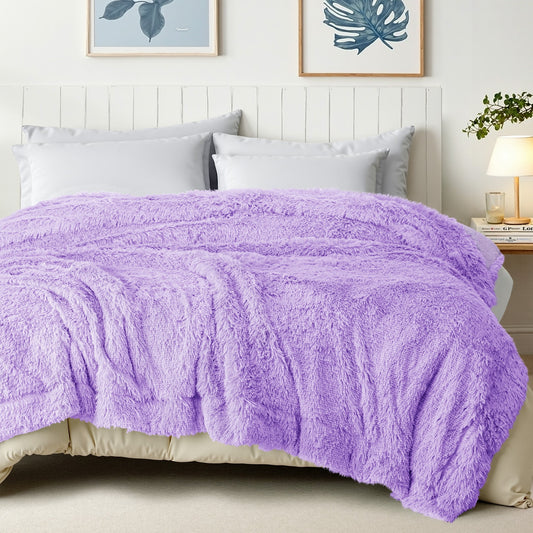 Exclusivo Mezcla Fuzzy Faux Fur Bed Blanket Twin Size, Reversible Shaggy Sherpa Fleece Blankets,Fluffy Plush Warm Throws for Couch, Bed, 60X80 Inches, Light Purple