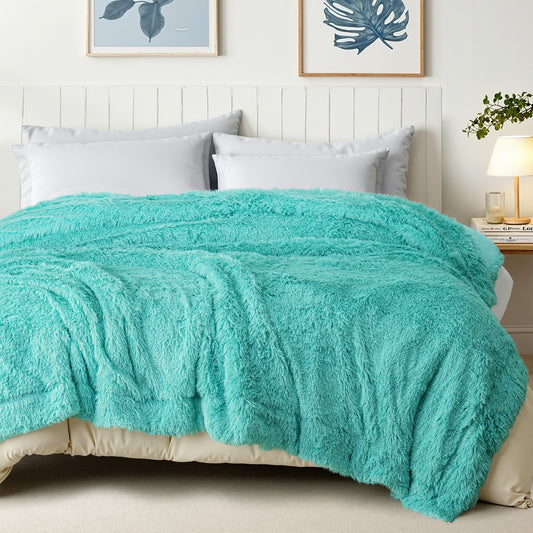 Exclusivo Mezcla Fuzzy Faux Fur Bed Blanket Twin Size, Reversible Shaggy Sherpa Fleece Blankets,Fluffy Plush Warm Throws for Couch, Bed, 60X80 Inches, Teal