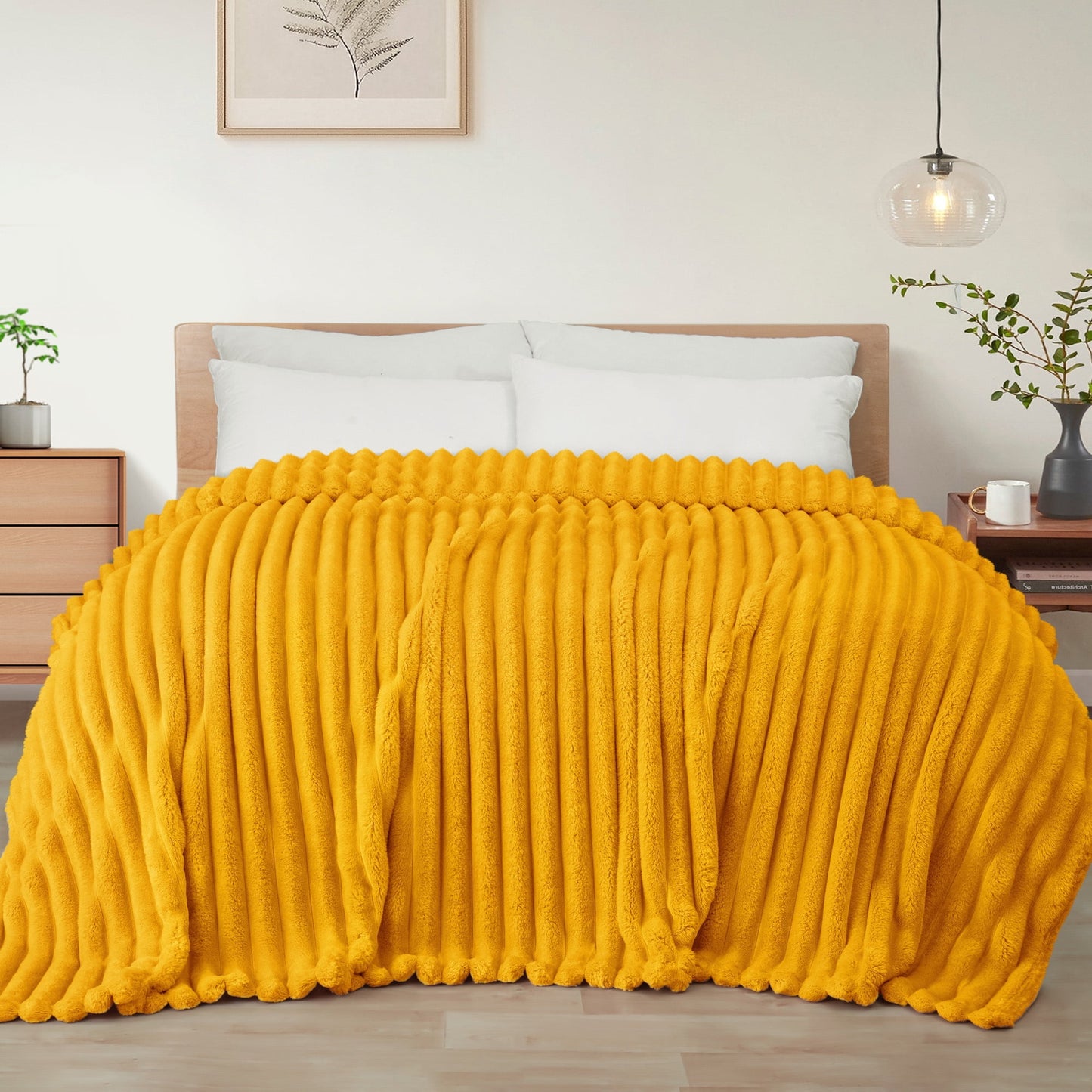 Exclusivo Mezcla Twin Size Flannel Fleece Blanket, Super Soft 3D Striped Jacquard Blanket for Bed, Lightweight Fuzzy Cozy Blankets, Mustard Yellow, 60"x80"
