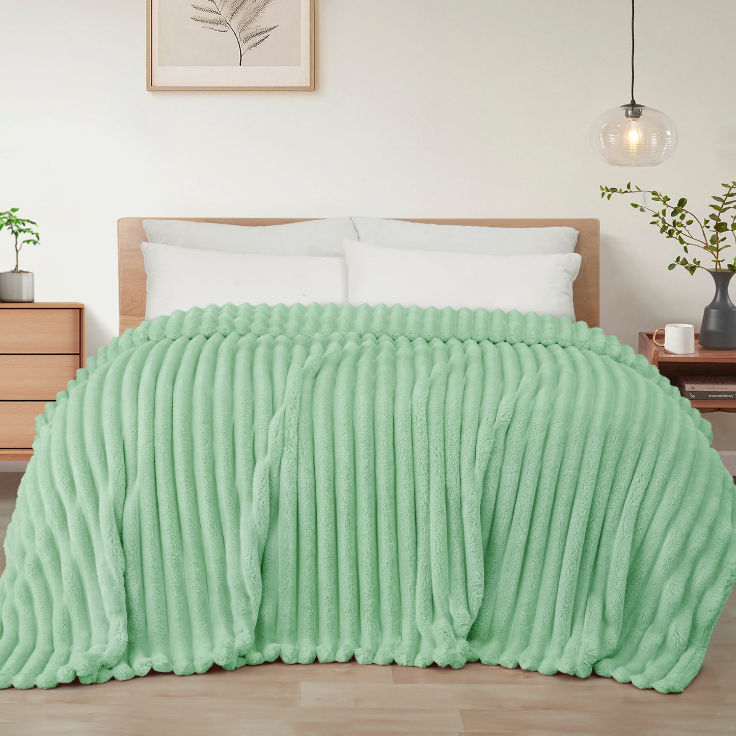 Exclusivo Mezcla Twin Size Flannel Fleece Blanket, Super Soft 3D Striped Jacquard Blanket for Bed, Lightweight Fuzzy Cozy Blankets, Sage Green, 60"x80"