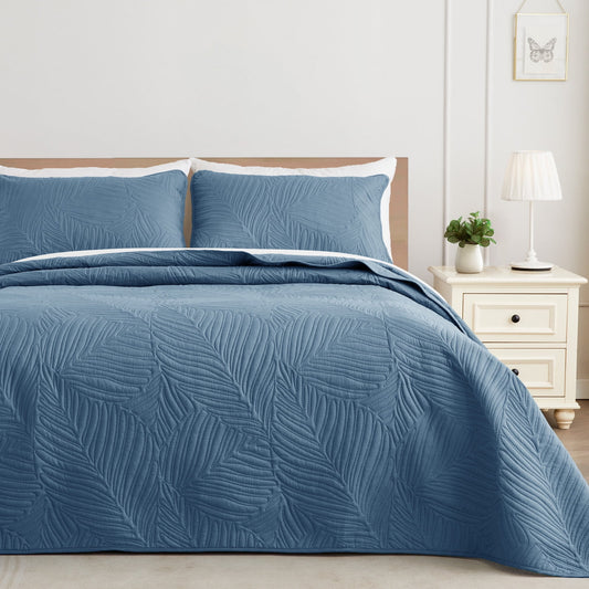 Exclusivo Mezcla Ultrasonic California King Size Quilt Set Bluish Grey, 3 Pieces Lightweight Bedspread Leaf Pattern Bed Cover Soft Microfiber Coverlet Bedding Set for All Seasons