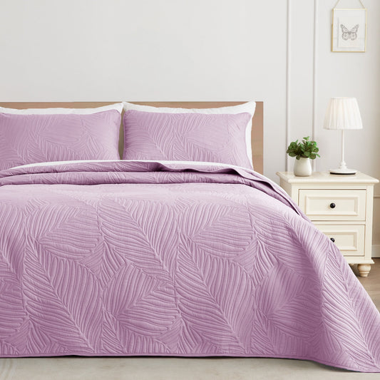 Exclusivo Mezcla Ultrasonic California King Size Quilt Set Lilac, 3 Pieces Lightweight Bedspread Leaf Pattern Bed Cover Soft Microfiber Coverlet Bedding Set for All Seasons