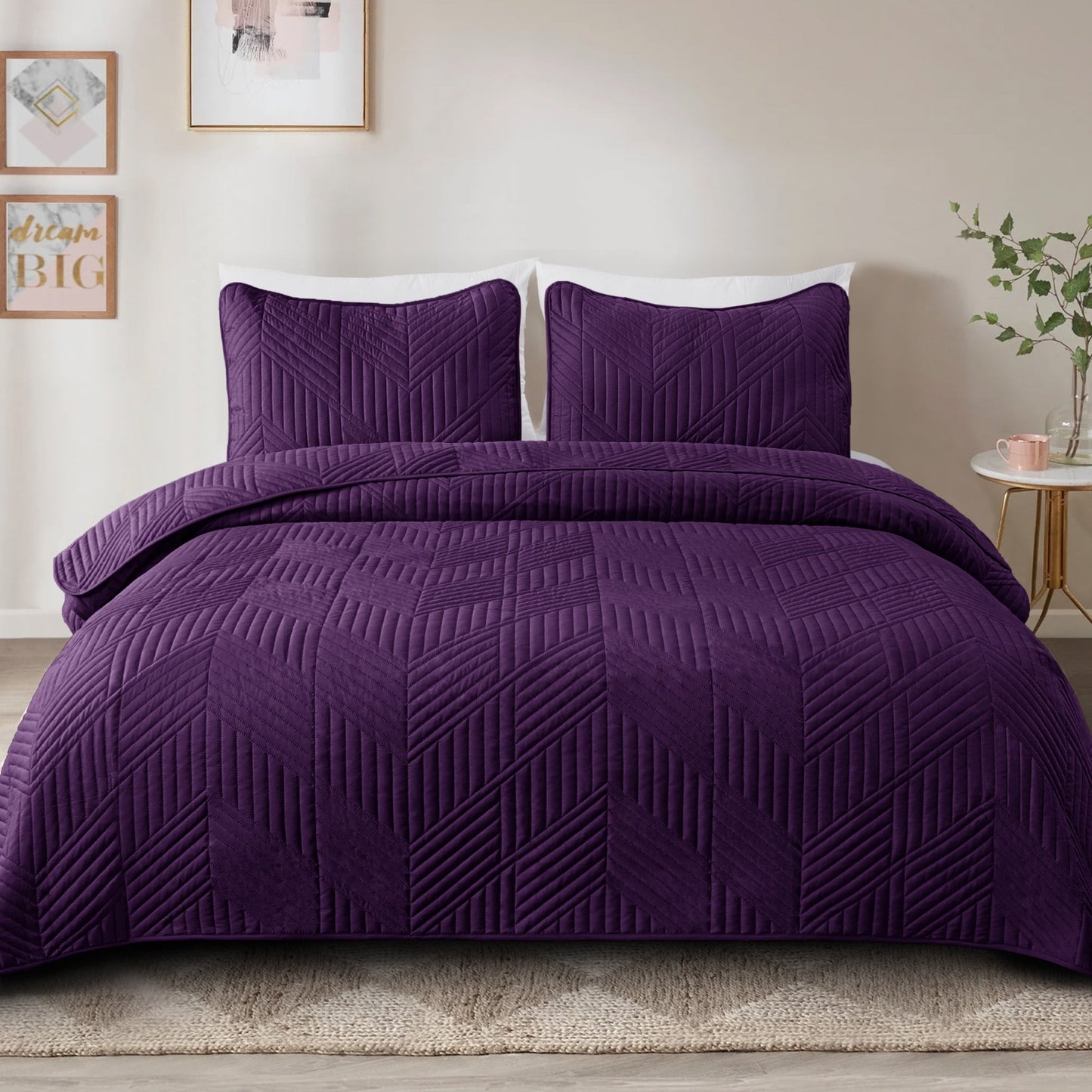 Exclusivo Mezcla Ultrasonic Full Queen Quilt Bedding Set, Lightweight Deep Purple Bedspreads Soft Modern Geometric Coverlet Set for All Seasons (1 Quilt and 2 Pillow Shams)