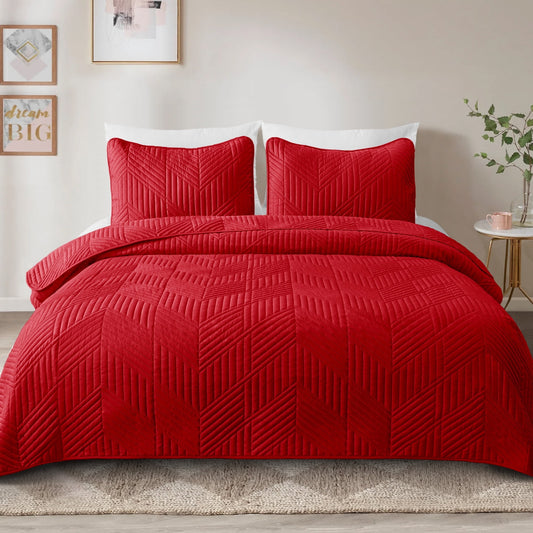 Exclusivo Mezcla Ultrasonic Full Queen Quilt Bedding Set, Lightweight Red Bedspreads Soft Modern Geometric Coverlet Set for All Seasons (1 Quilt and 2 Pillow Shams)