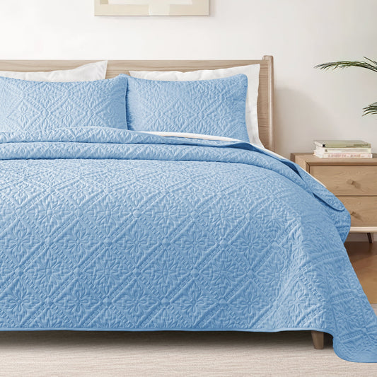Exclusivo Mezcla King Quilt Bedding Set, Lightweight Soft Bedspreads Coverlets with 2 Pillow Shams, Modern Light Blue Oversized Quilts King Size for All Seasons