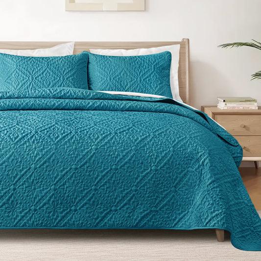 Exclusivo Mezcla King Quilt Bedding Set, Lightweight Soft Bedspreads Coverlets with 2 Pillow Shams, Modern Teal Oversized Quilts King Size for All Seasons