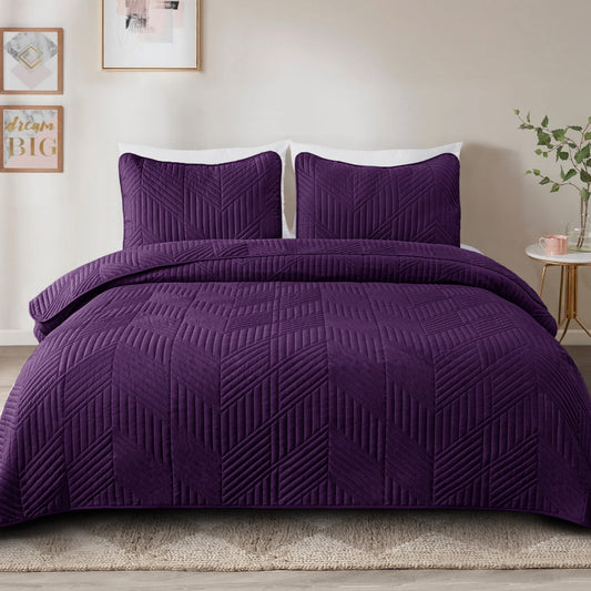 Exclusivo Mezcla Ultrasonic Twin Quilt Bedding Set, Lightweight Deep Purple Bedspreads Soft Modern Geometric Coverlet Set for All Seasons (1 Quilt and 1 Pillow Sham)
