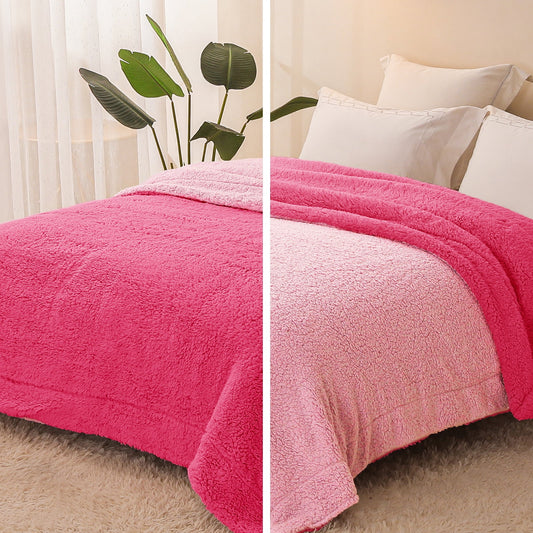 Exclusivo Mezcla Queen Size Reversible Sherpa Fleece Blanket, Soft Plush Blanket for Bed Sofa, Warm Fluffy Blankets for All Season, 90x90 Inches, Hot Pink/ Light Pink