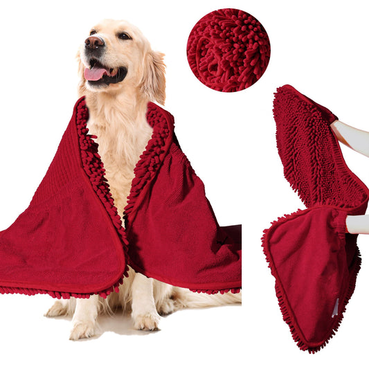Absorbent Dog Towel, Extra Large (35"x15") Quick Drying Dog Bath Towel with Hand Pockets, Microfiber Shammy Pet Towel for Dog and Cat, Machine Washable (Wine red)