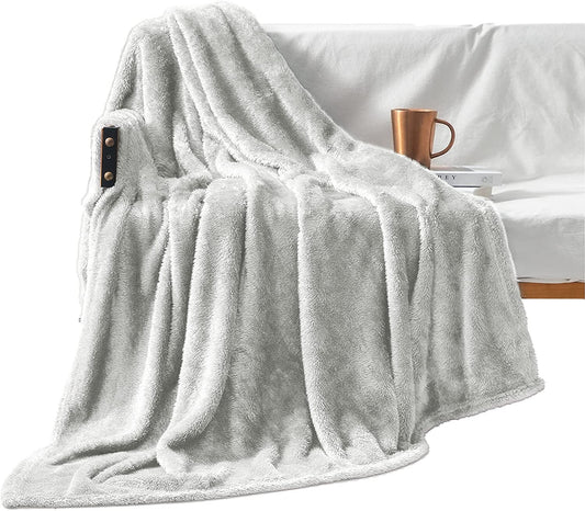Exclusivo Mezcla Plush Fuzzy Large Fleece Throw Blanket ( 50" x 70", Light Gray)- Soft, Warm& Lightweight