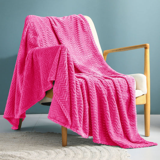 Exclusivo Mezcla Large Flannel Fleece Throw Blanket, 50x70 Inches Soft Jacquard Weave Wave Pattern Blanket for Couch, Cozy, Warm, Lightweight and Decorative Hot Pink Blanket