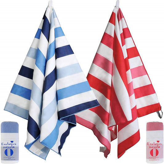 Exclusivo Mezcla 2-Pack Microfiber Quick Dry Beach Towel, Large Sand Free Beach Towel for Travel/ Camping/ Sports (Blue and Red, 30"X60") - Super Absorbent, compact and Lightweight