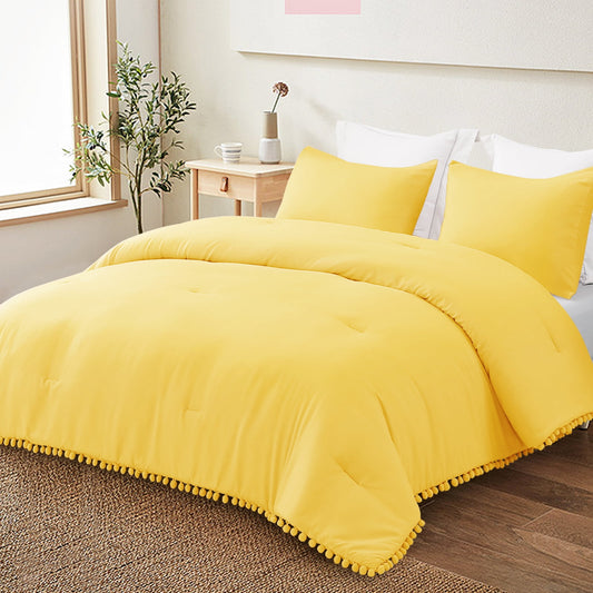 Exclusivo Mezcla Boho Pom Pom Ball Fringe Queen Comforter Set, 3 Piece Vibrant Yellow Lightweight Down Alternative Bedding Comforter Sets for All Seasons (1 Comforter and 2 Pillowcases)