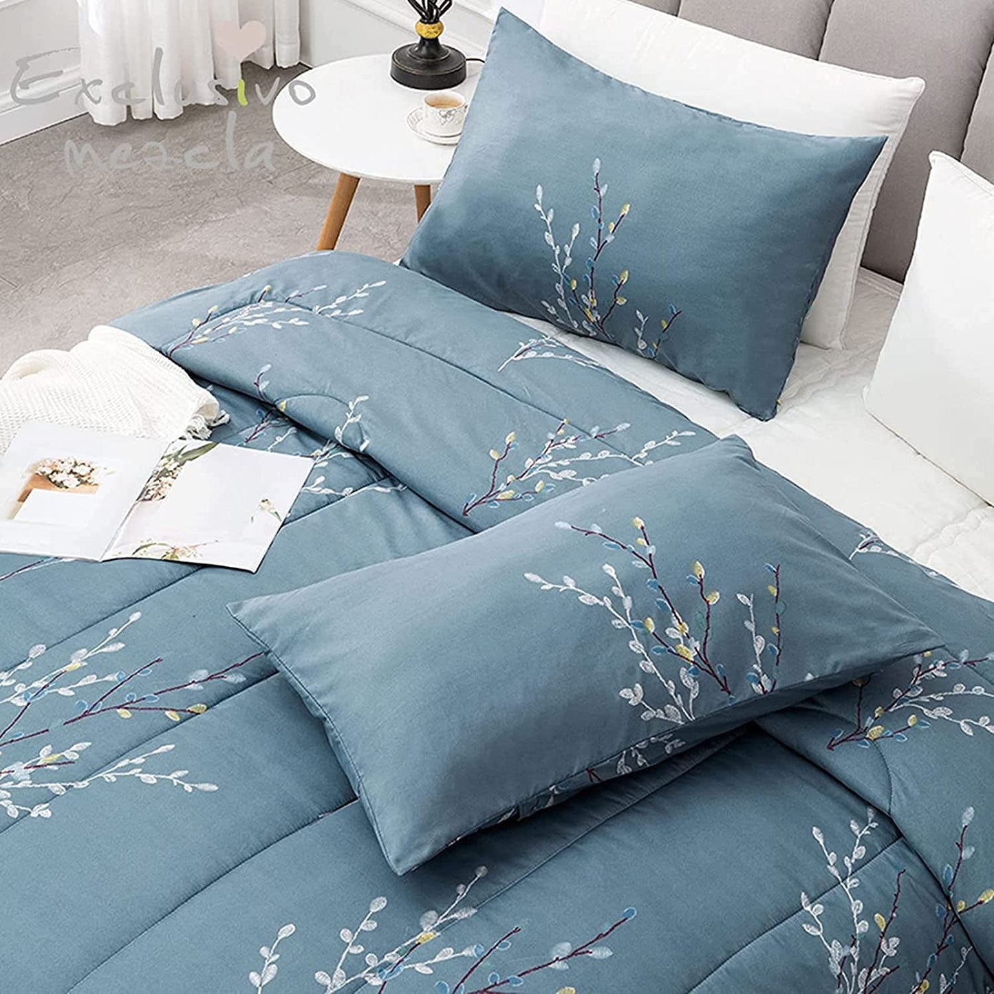 Exclusivo Mezcla 2-Piece Floral Twin Comforter Set, Microfiber Bedding Down Alternative Comforter for All Seasons with 1 Pillow Sham, Blue