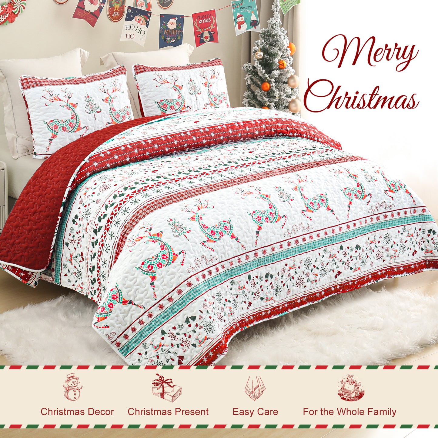 Exclusivo Mezcla Christmas Quilt Queen Size, Rust Red Striped Bedspreads Reversible Coverlets Bedding Set with Printed Flowers Reindeer Pattern (1 Quilt, 2 Pillow Shams)
