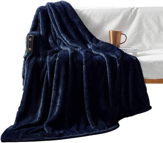Exclusivo Mezcla Plush Fuzzy Large Fleece Throw Blanket ( 50" x 70", Navy Blue)- Soft, Warm& Lightweight