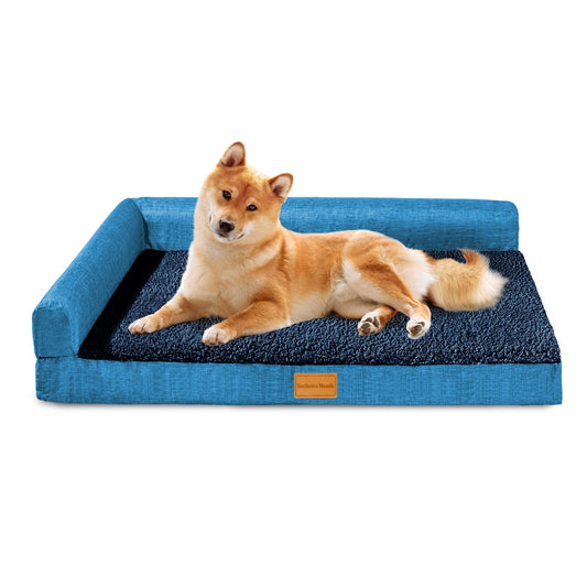 Exclusivo Mezcla Orthopedic Dog Bed for Medium Dogs 30''X20'', L Shaped with Removable Washable Cover, Waterproof Supportive Foam Pet Couch Bed Mat, Navy Blue