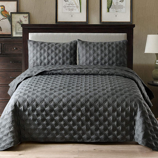 Exclusivo Mezcla Bed Quilt Set Queen Size for All Seasons, Stitched Pattern Quilted Bedspread/ Bedding Set/ Coverlet with 2 Pillow shams, Lightweight and Soft, Dark Grey