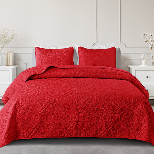 Exclusivo Mezcla Oversized King Quilt Bedding Set, Lightweight Vintage California Cal King Size Quilts with Pillow Shams, Soft Bedspreads Coverlets for All Seasons, (112"x104", Red)