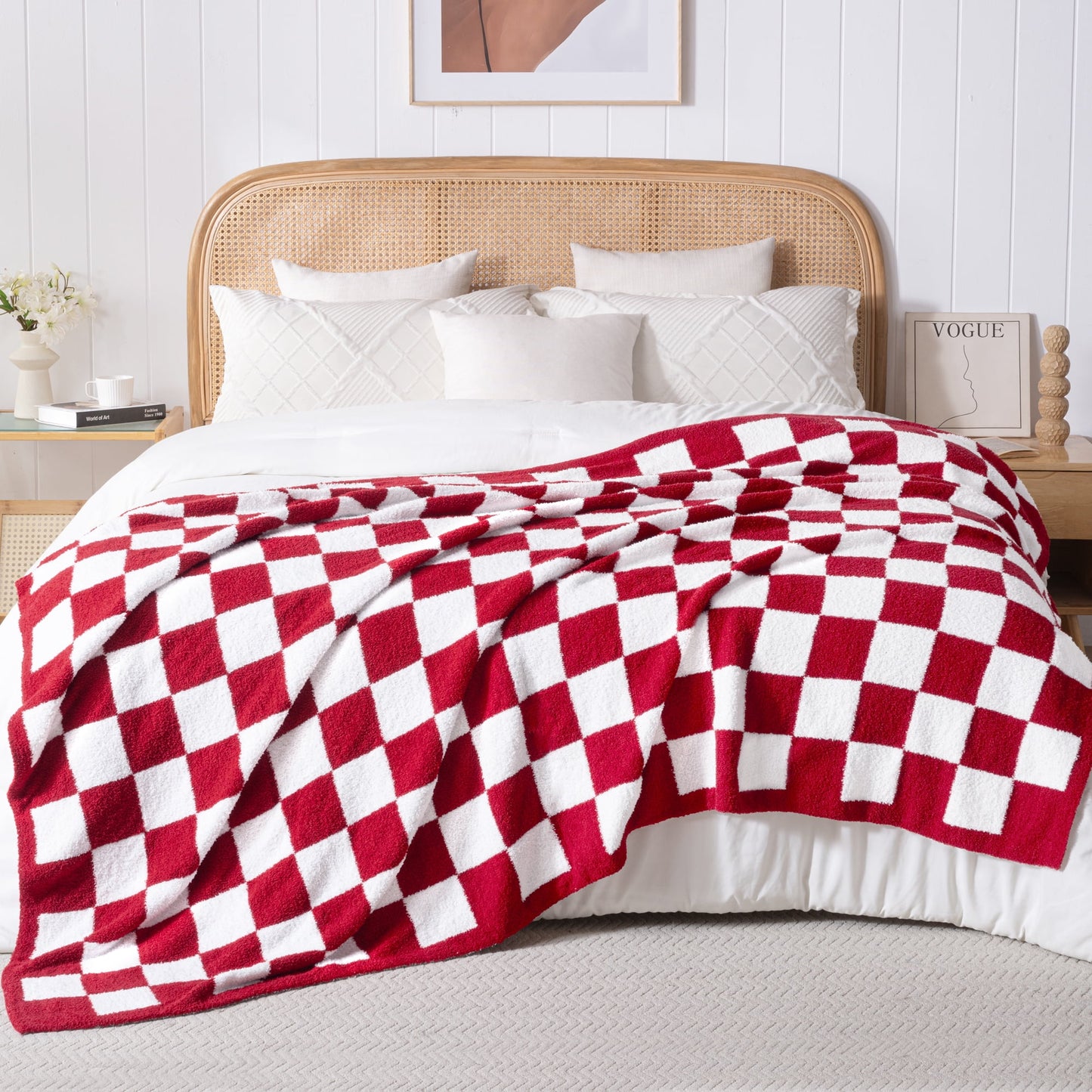 Exclusivo Mezcla Checkered Knit Blanket for Bed Queen Size, Ultra Soft Cozy Fluffy Blanket, Lightweight Fuzzy Throw for Couch and Bed, Red, 90"x90"
