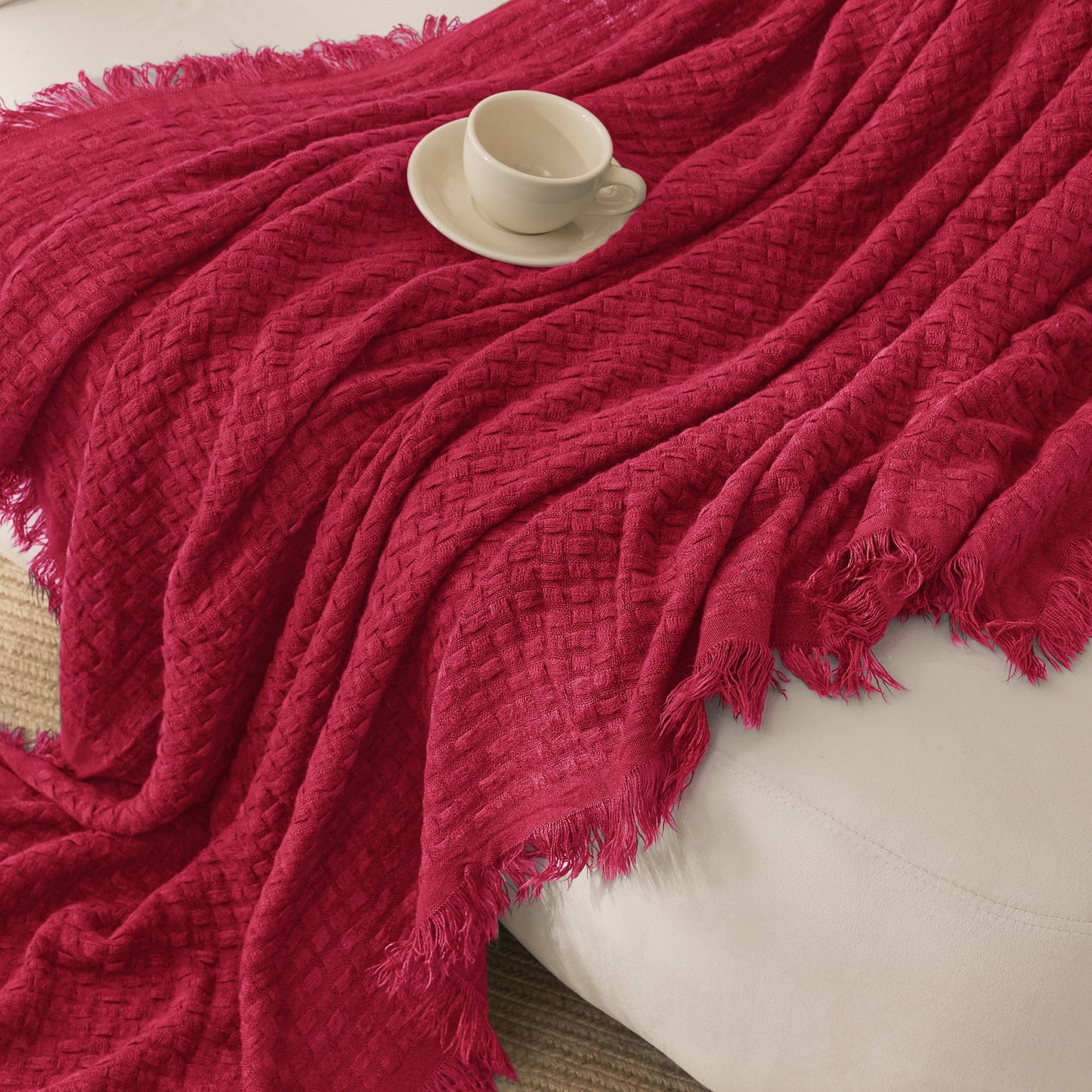 Exclusivo Mezcla Knitted Throw Blanket with Fringes for Couch, Soft and Warm Textured Throw for All Season, Lightweight Breathable Room Decor, Red, 50??x60??,Exclusivo Mezcla"
