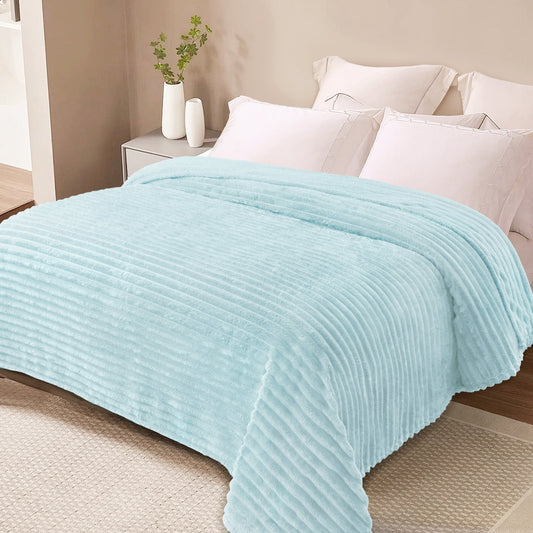 Exclusivo Mezcla King Size Flannel Fleece Blanket, Super Soft 3D Striped Jacquard Bed Blanket, Lightweight Fuzzy Cozy Blankets for All Seasons, 90x104 Inches, Light Blue Blanket