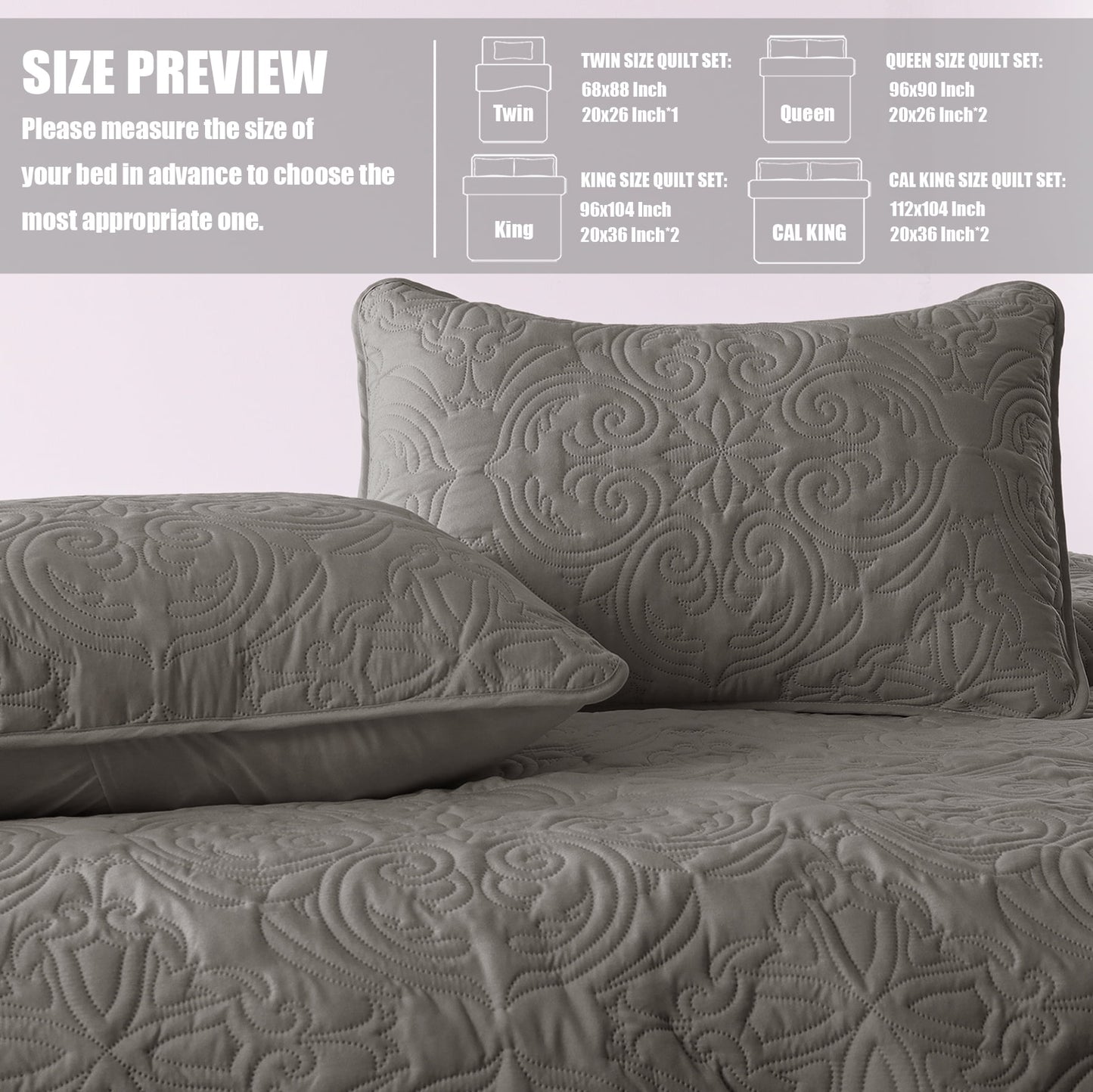 Exclusivo Mezcla Queen Quilt Bedding Set, Lightweight Vintage Queen Size Quilts with Pillow Shams, Soft Bedspreads Coverlets for All Seasons, (96"x90", Grey)