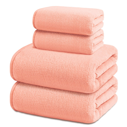 Exclusivo Mezcla 4-Piece Ultra Soft Bath Towel Set, Large Highly Absorbent Microfiber Coral Velvet Towel, Quick Drying for Body, Bathroom, Gym, Spa, 2 Bath Towels, 2 Hand Towels, Pink