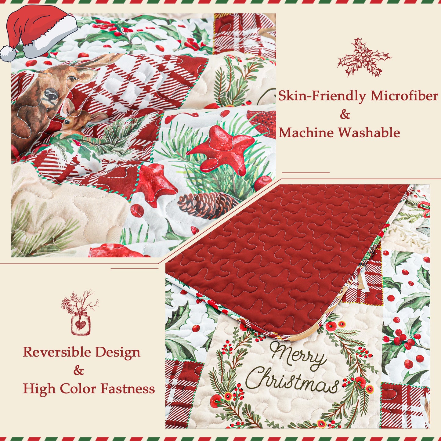 Exclusivo Mezcla Christmas Quilt Queen Size, Rust Red Patchwork Bedspreads Reversible Coverlets Bedding Set with Printed Reindeer Wreaths Pattern (1 Quilt, 2 Pillow Shams)