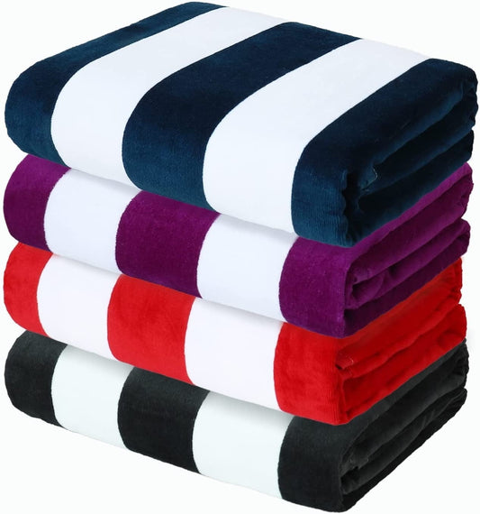 Exclusivo Mezcla 4-Pack Cotton Oversized 35"x70" Cabana Stripe Beach Towels, Super Absorbent Soft Plush Pool Towel, Bath Towel (Charcoal Grey/Dark Navy/Purple/Red)