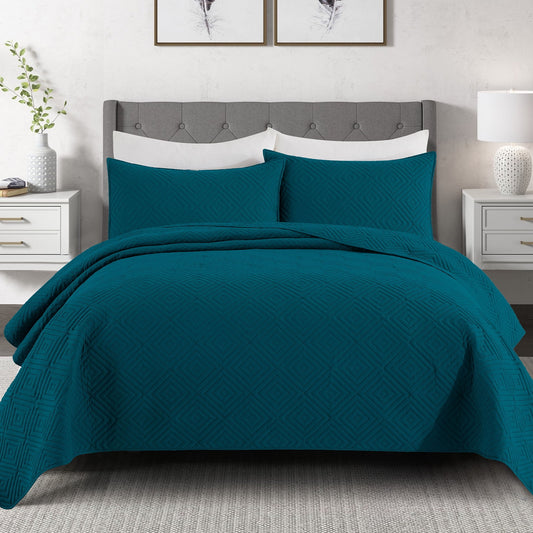 Exclusivo Mezcla 3-Piece Navy blue King Size Quilt Set, Square Pattern Ultrasonic Lightweight and Soft Quilts/Bedspreads/Coverlets/Bedding Set (1 Quilt, 2 Pillow Shams) for All Seasons