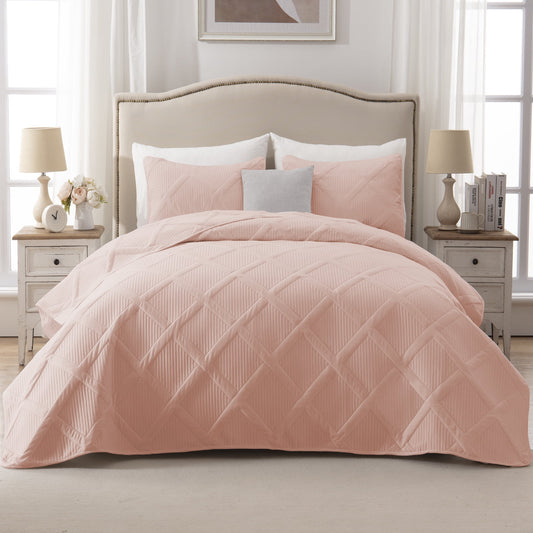 Exclusivo Mezcla 3 Pieces Ultrasonic Full Queen Quilt Set, Lightweight Bedspreads Modern Striped Coverlet Set, Blush Pink