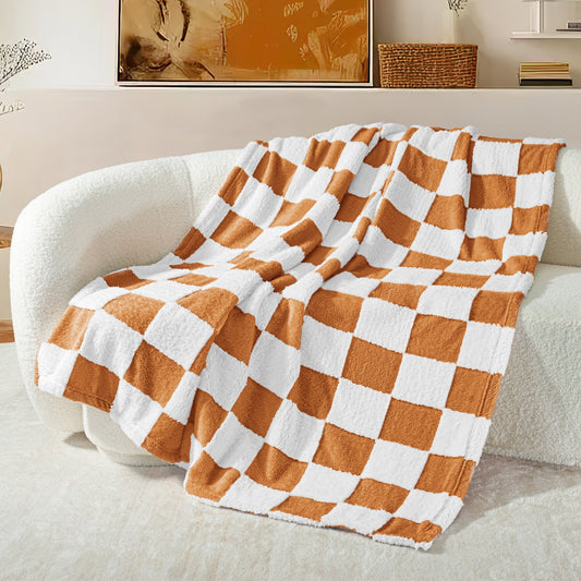 Exclusivo Mezcla Checkered Throw Blanket, Super Soft and Warm Fluffy Fleece Blanket for Couch, Sofa, Bed, Cute Plaid Pattern, Coral Orange, 50" x 60"