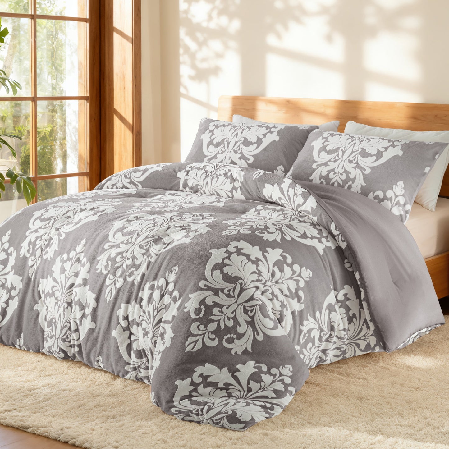 Exclusivo Mezcla Luxury Fuzzy King Size Comforter Set, 3 Pieces Boho Soft Warm Grey Comforters, Reversible Flannel Fluffy Bedding Comforter Sets for All Seasons