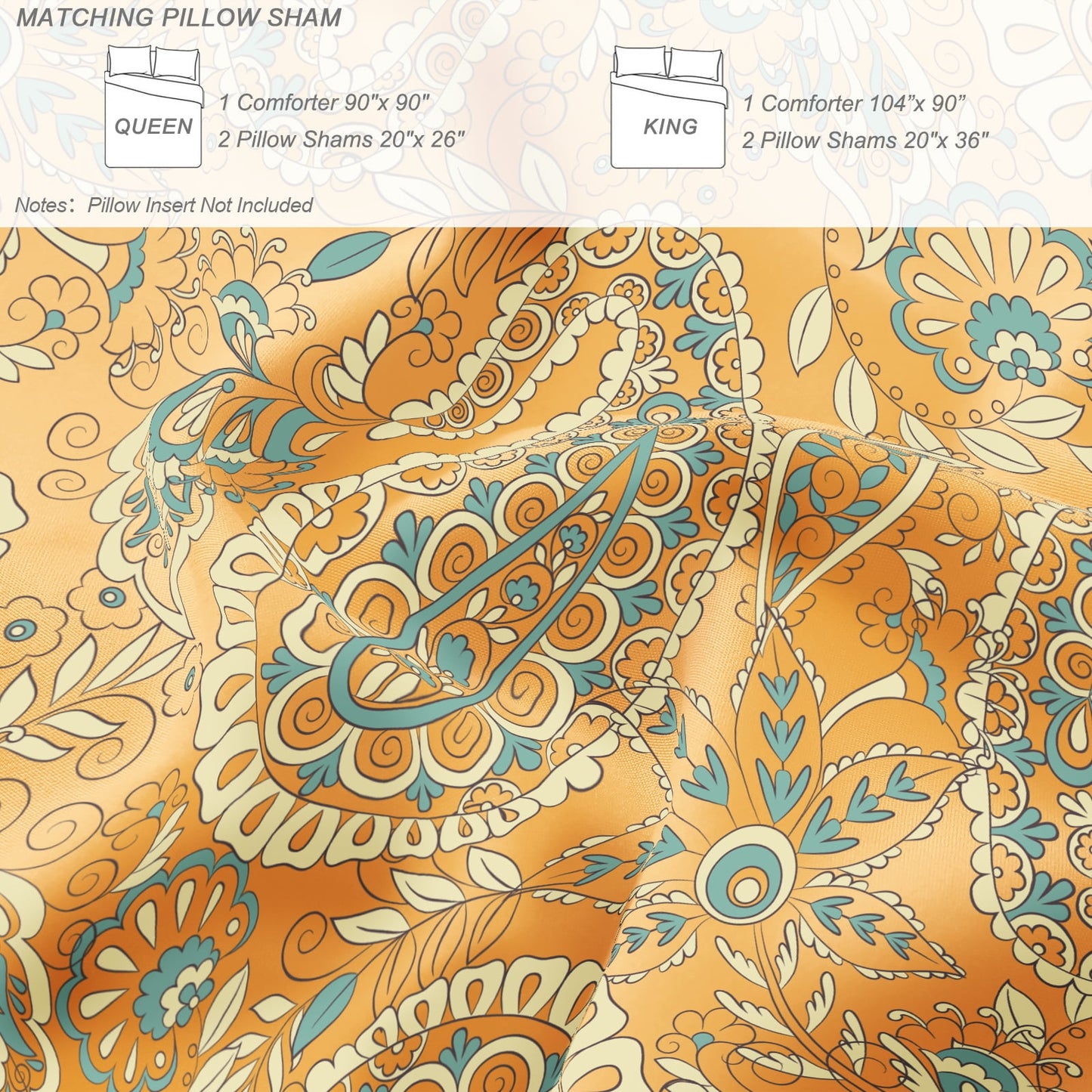 Exclusivo Mezcla 3-Piece Paisley Queen Comforter Set, Microfiber Bedding Down Alternative Comforter for All Seasons with 2 Pillow Shams, Orange