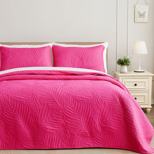 Exclusivo Mezcla Full Queen Quilt Set Hot Pink, Lightweight Bedspread Leaf Pattern Bed Cover Soft Coverlet Bedding Set(1 Quilt, 2 Pillow Shams)