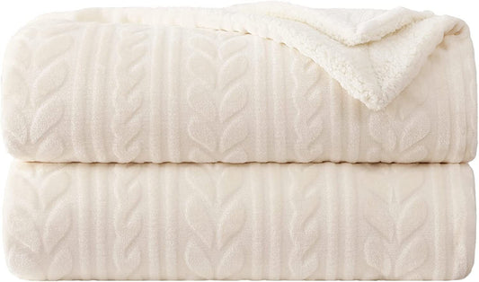 Exclusivo Mezcla 50"x70" Sherpa Fleece Throw Blanket, Reversible Velvet Plush Blankets and Soft Throws for Couch, Sofa, Bed, Super Cozy Thick and Warm, Ivory